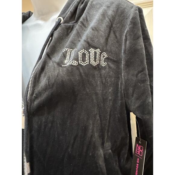 No Bo LOVE Juniors Hoodie Black Velour Zip Front Long Sleeve Large 11/13 NWT - Picture 2 of 7